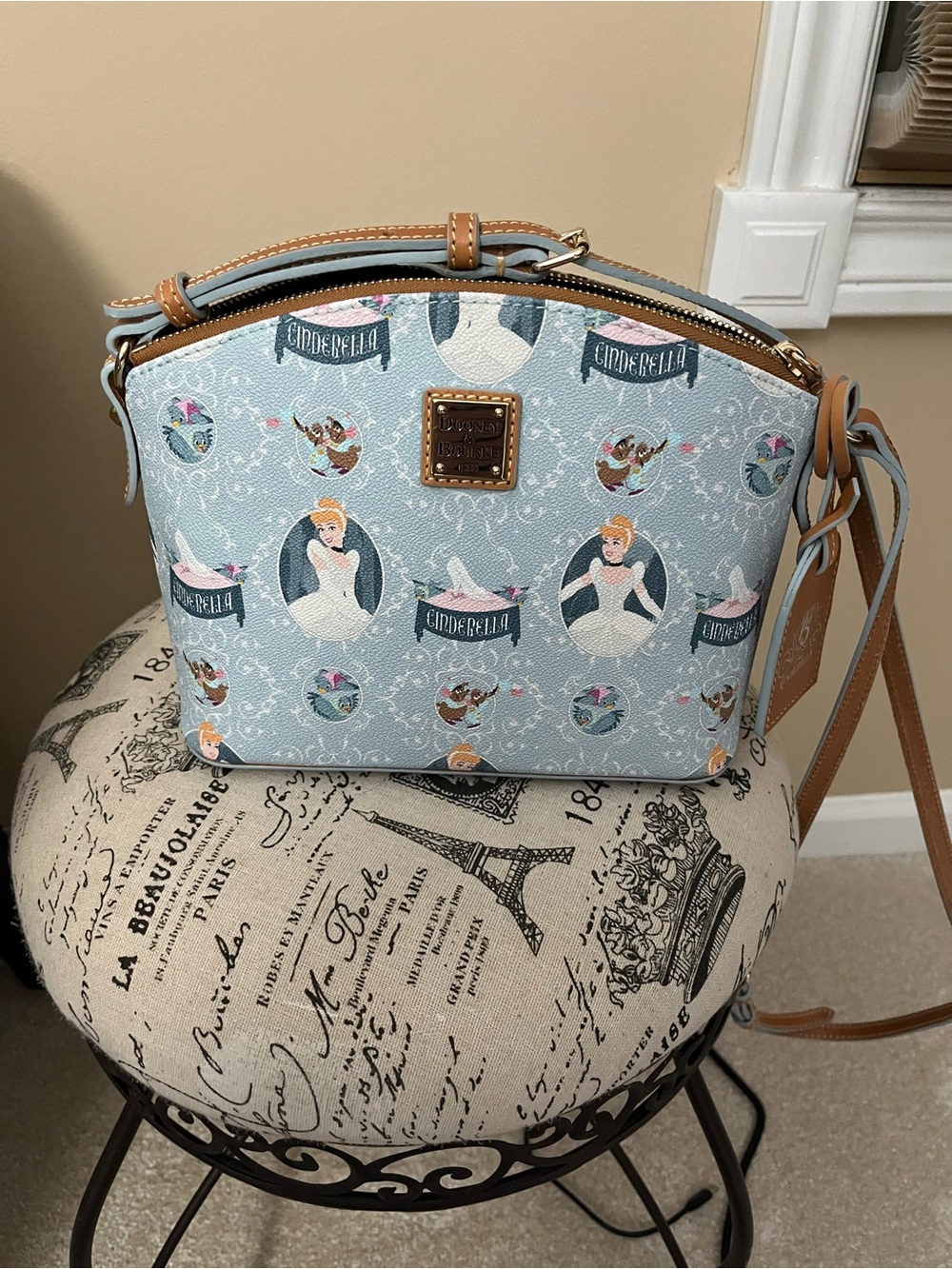 Dooney & Bourke Light Blue Cinderella Print Crossbody with Tan Trim - Picture 1 of 2
